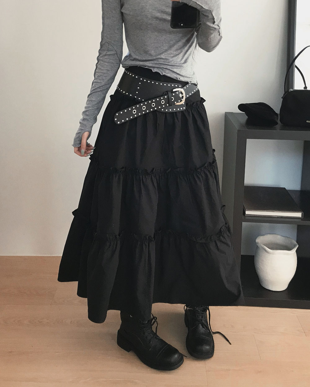 コットンジップアップティアードロングフレアスカート | レディース
