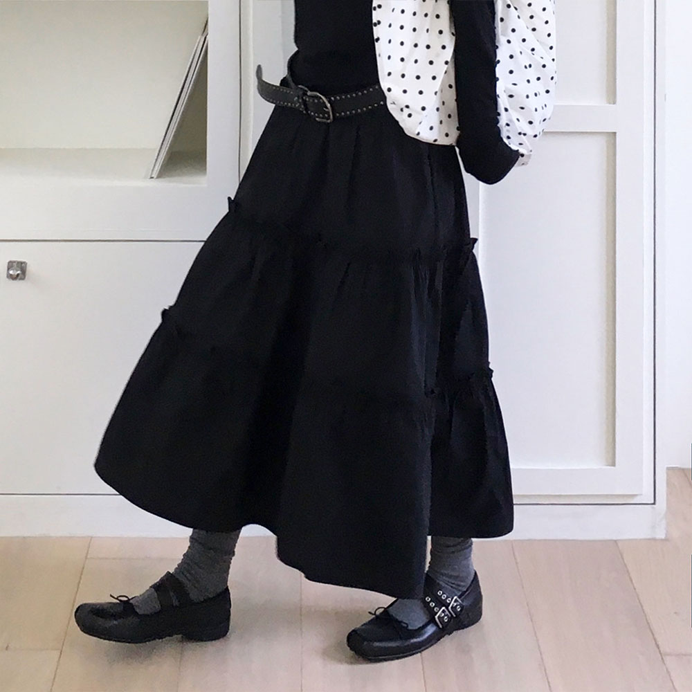 コットンジップアップティアードロングフレアスカート | レディース