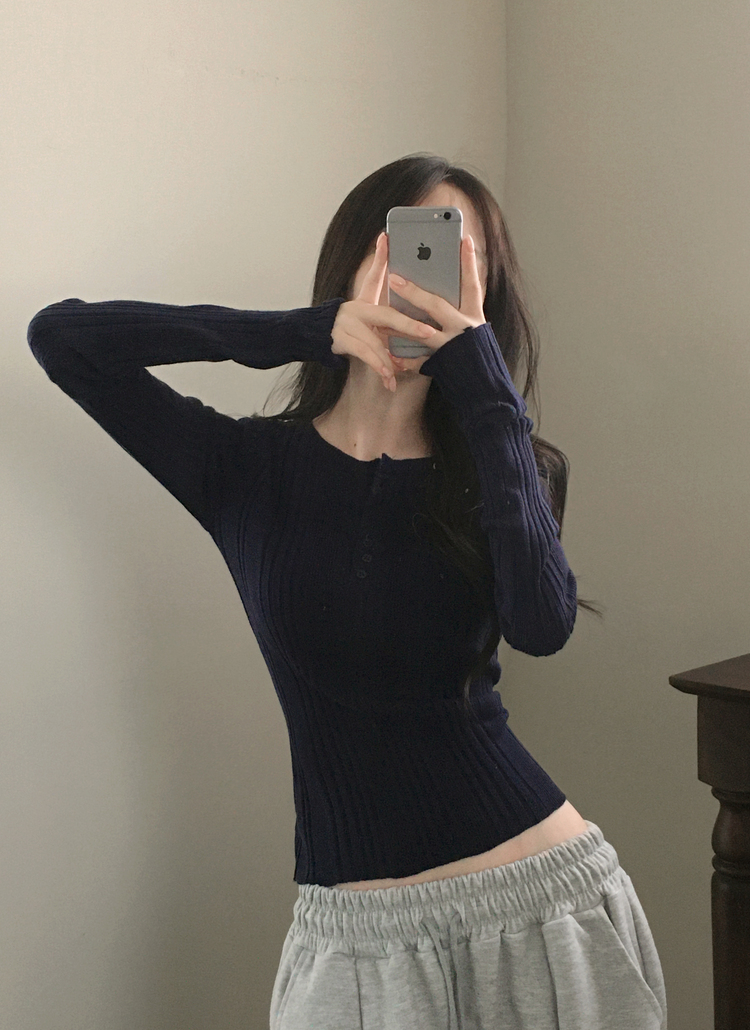 リブボタンラウンドネックカラーニット | レディースファッション通販