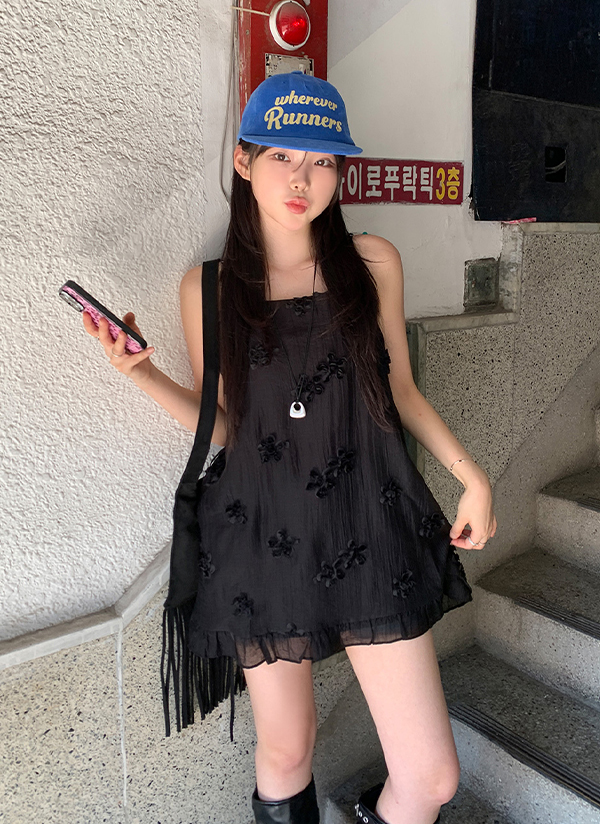 シフォンフリルストラップゴム花柄キャミワンピース