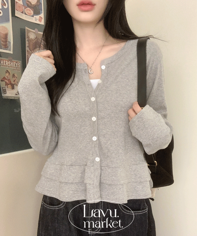 Silren　 シルバー　長袖 　カーディガン コットンフリルボタン長袖ラウンドネックカーディガン | レディース
