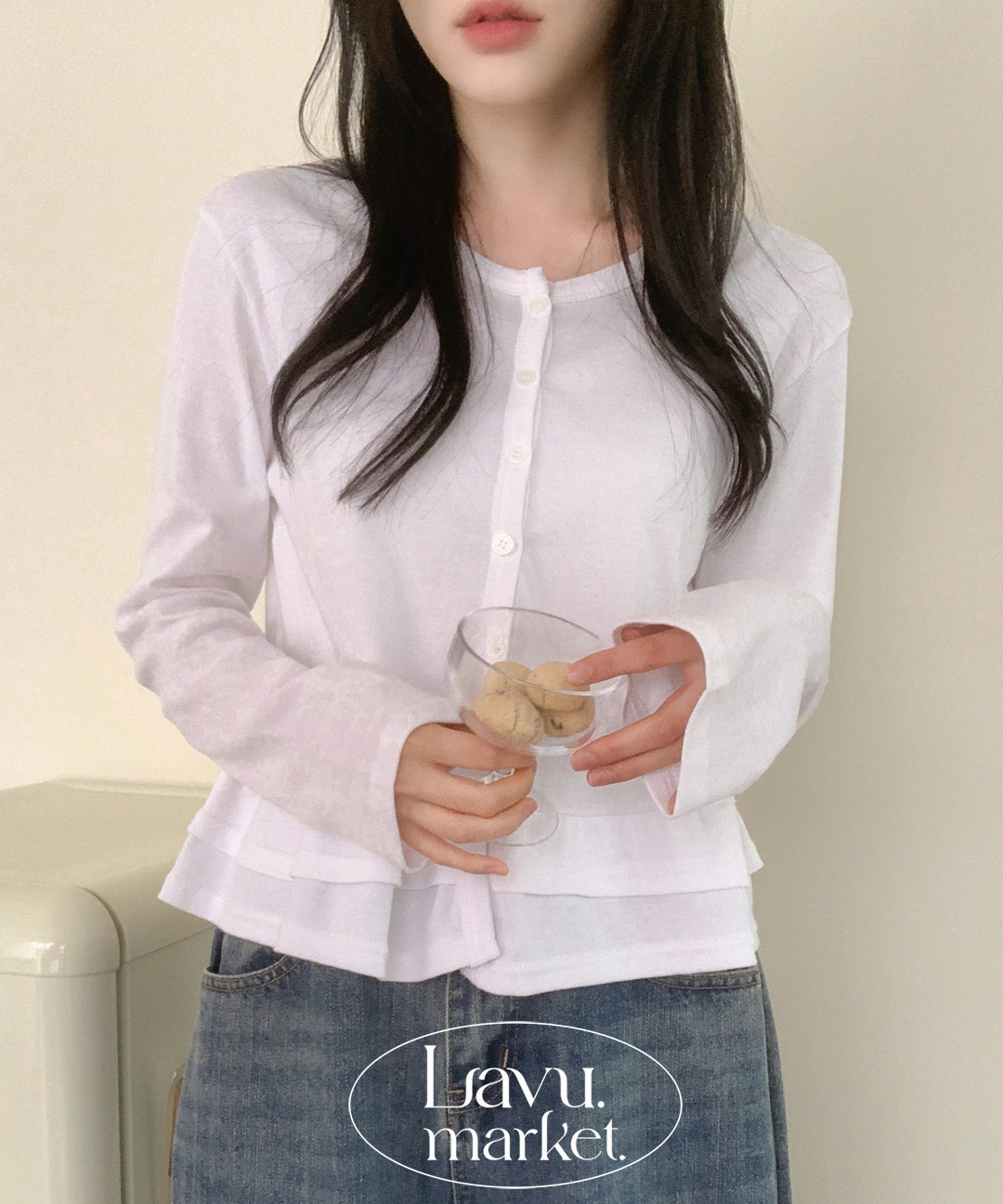 コットンフリルボタン長袖ラウンドネックカーディガン