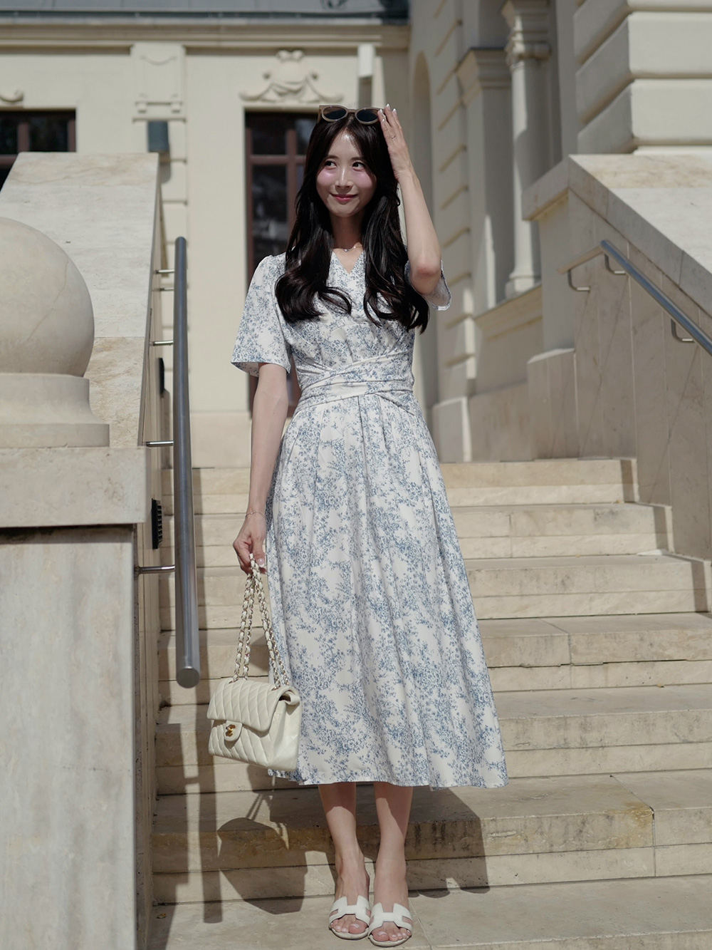 Vネックパフスリーブ半袖ワンピース | レディースファッション通販