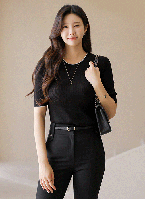 ido5319LCZ袖リブHネック伸縮RED起毛5ｘ3ｍｍSDオーダー料込 リブ半袖スリムラウンドネックニット | レディースファッション