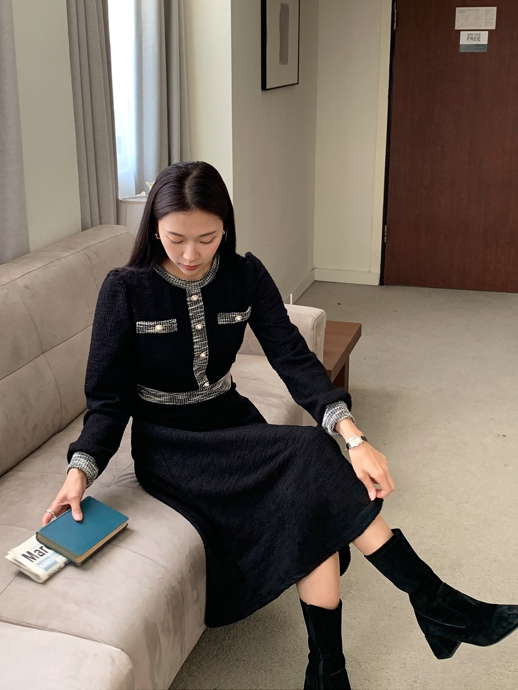 ツイード配色ラウンドネックパール調ボタン長袖フレア | 詳細画像9