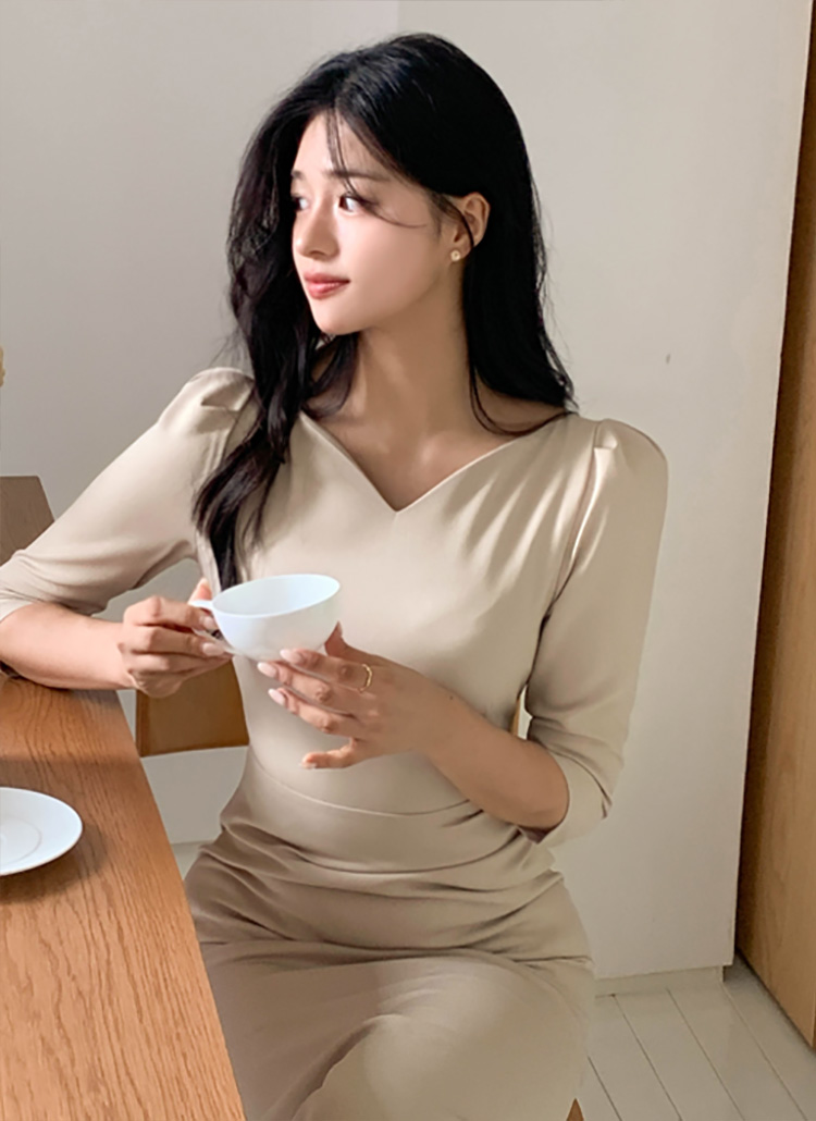 45R ハケ目シャンブレーワンピース ギャザー　パフスリーブ　ワイドシルエット 45R ハケ目シャンブレーワンピース ギャザー パフスリーブ