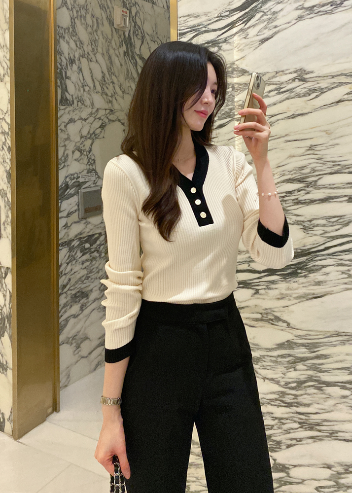 リブVネックヘンリーネック配色ニット | レディースファッション通販