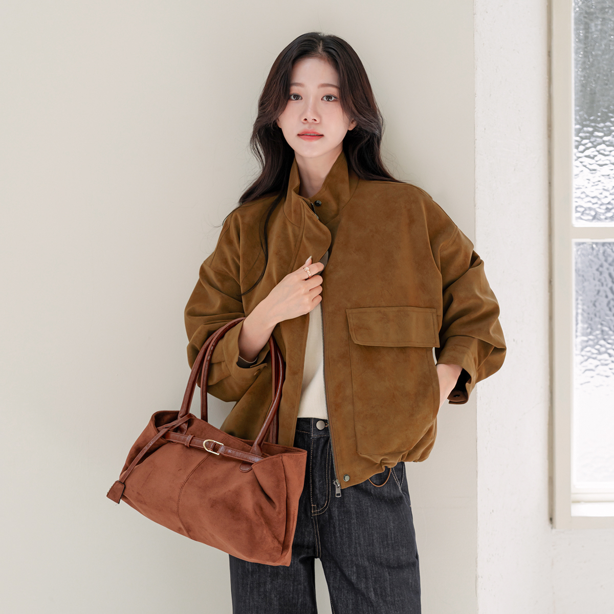 スエード調ジップアップハイネックカラーポケットドローコードカラー