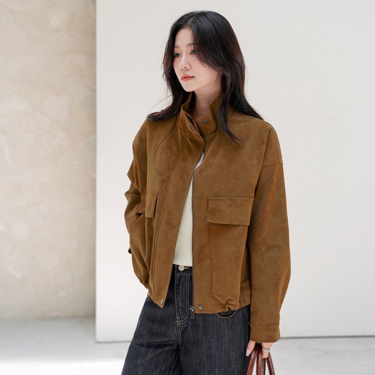 スエード調ジップアップハイネックカラーポケットドローコードカラー