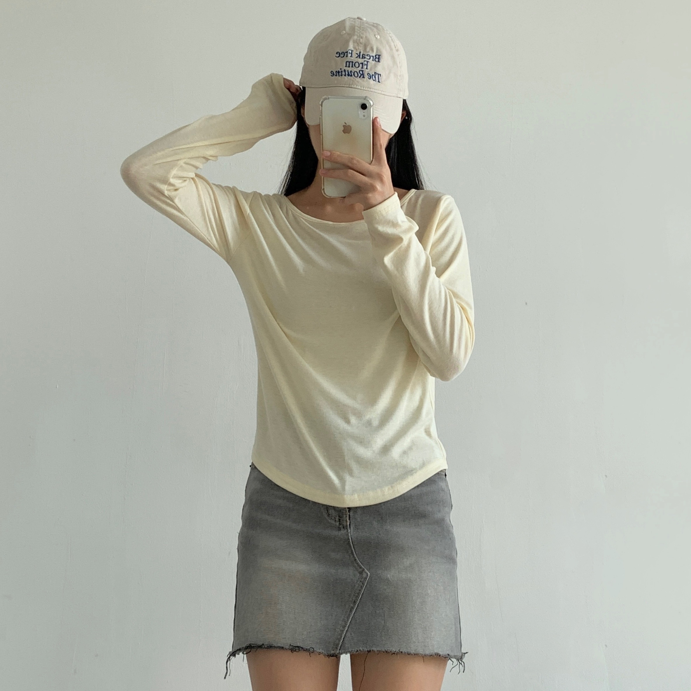 Uネックシンプルベーシック長袖無地Tシャツ | 詳細画像6