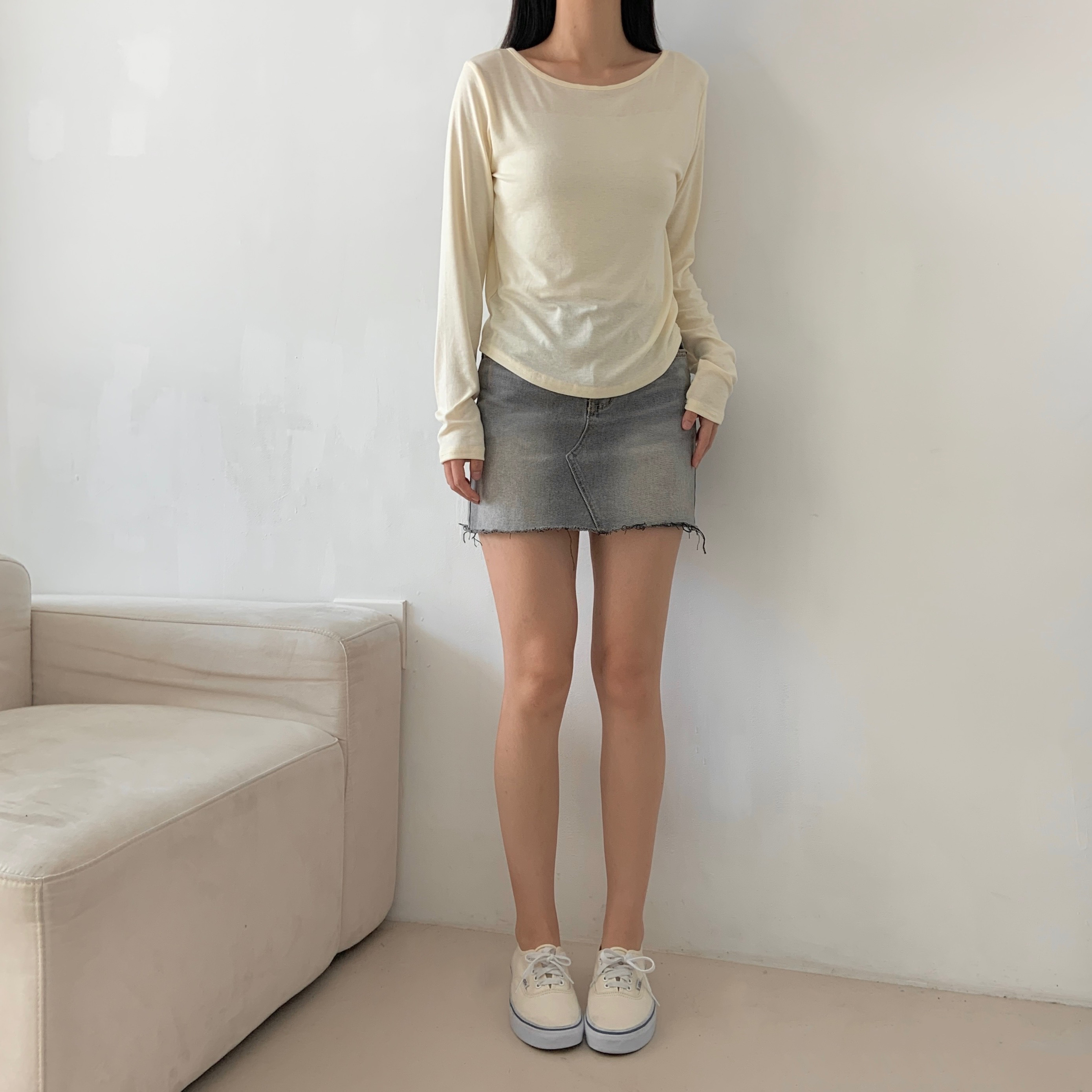 Uネックシンプルベーシック長袖無地Tシャツ | 詳細画像8
