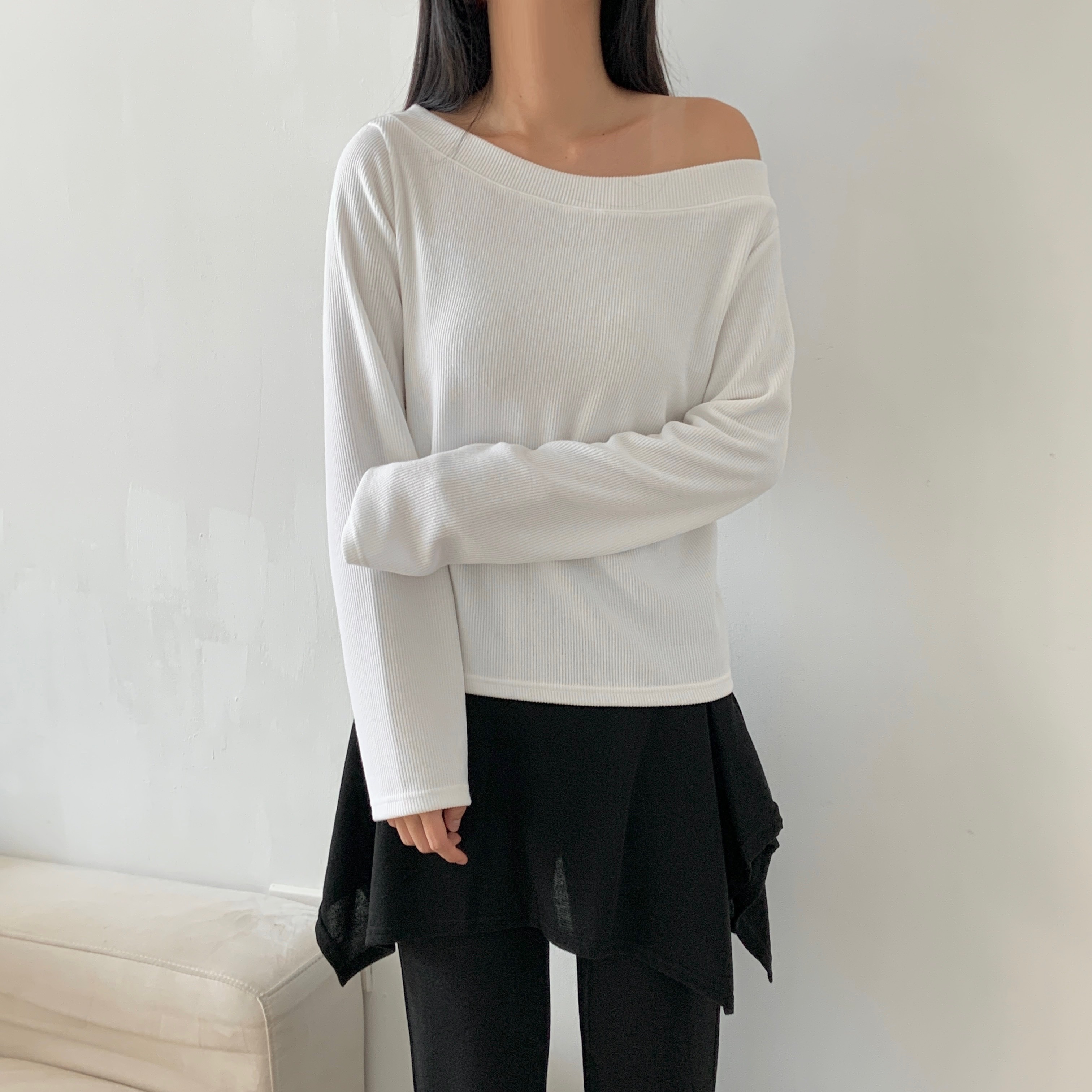 リブオフショルダーワンショルダー長袖Tシャツ | 詳細画像6