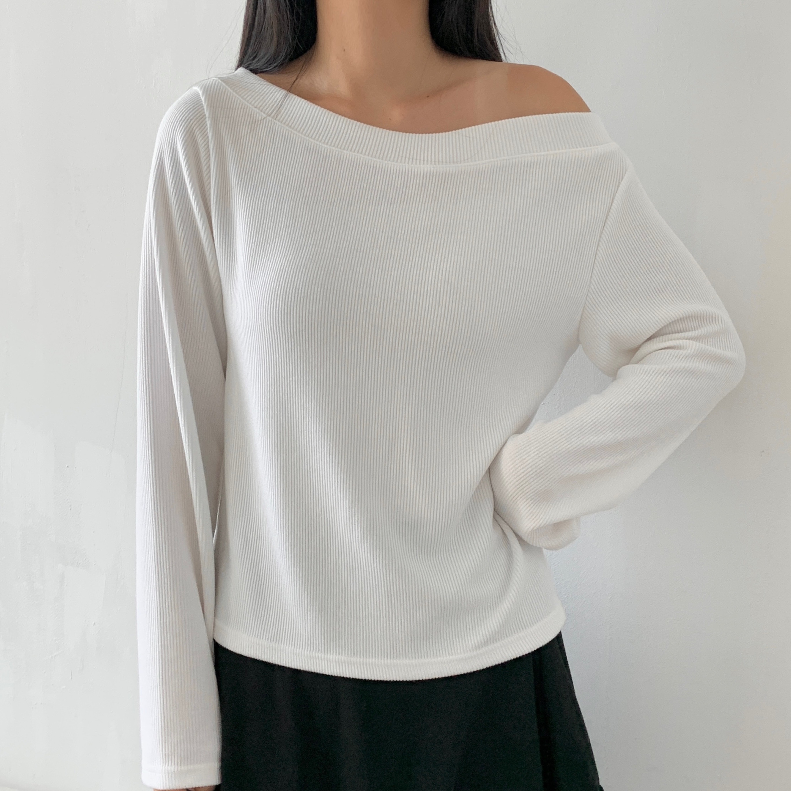 リブオフショルダーワンショルダー長袖Tシャツ | 詳細画像7