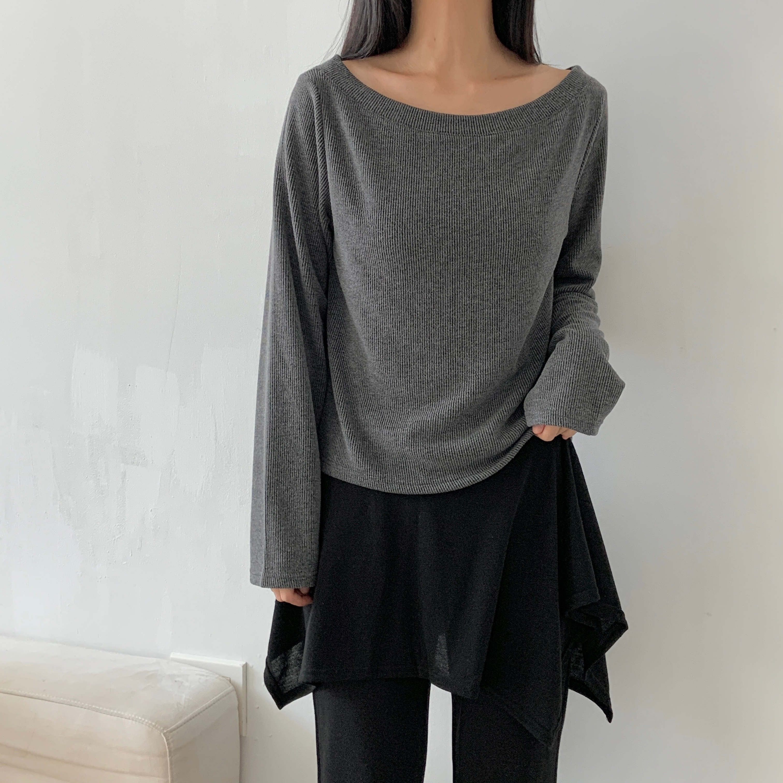 リブオフショルダーワンショルダー長袖Tシャツ | 詳細画像15