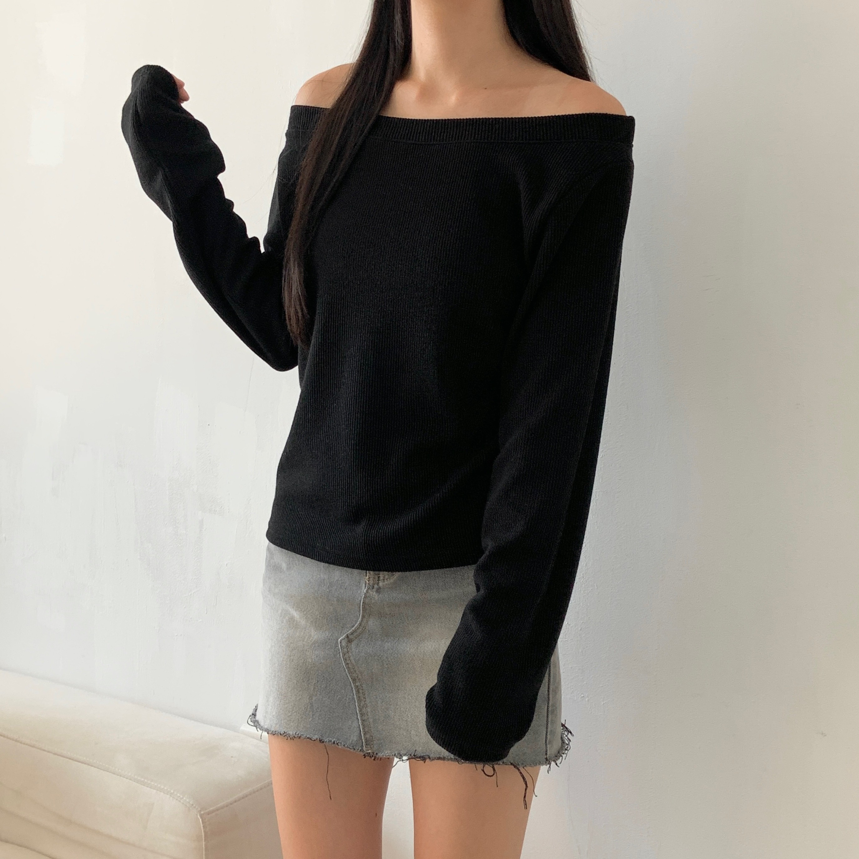 リブオフショルダーワンショルダー長袖Tシャツ | 詳細画像20