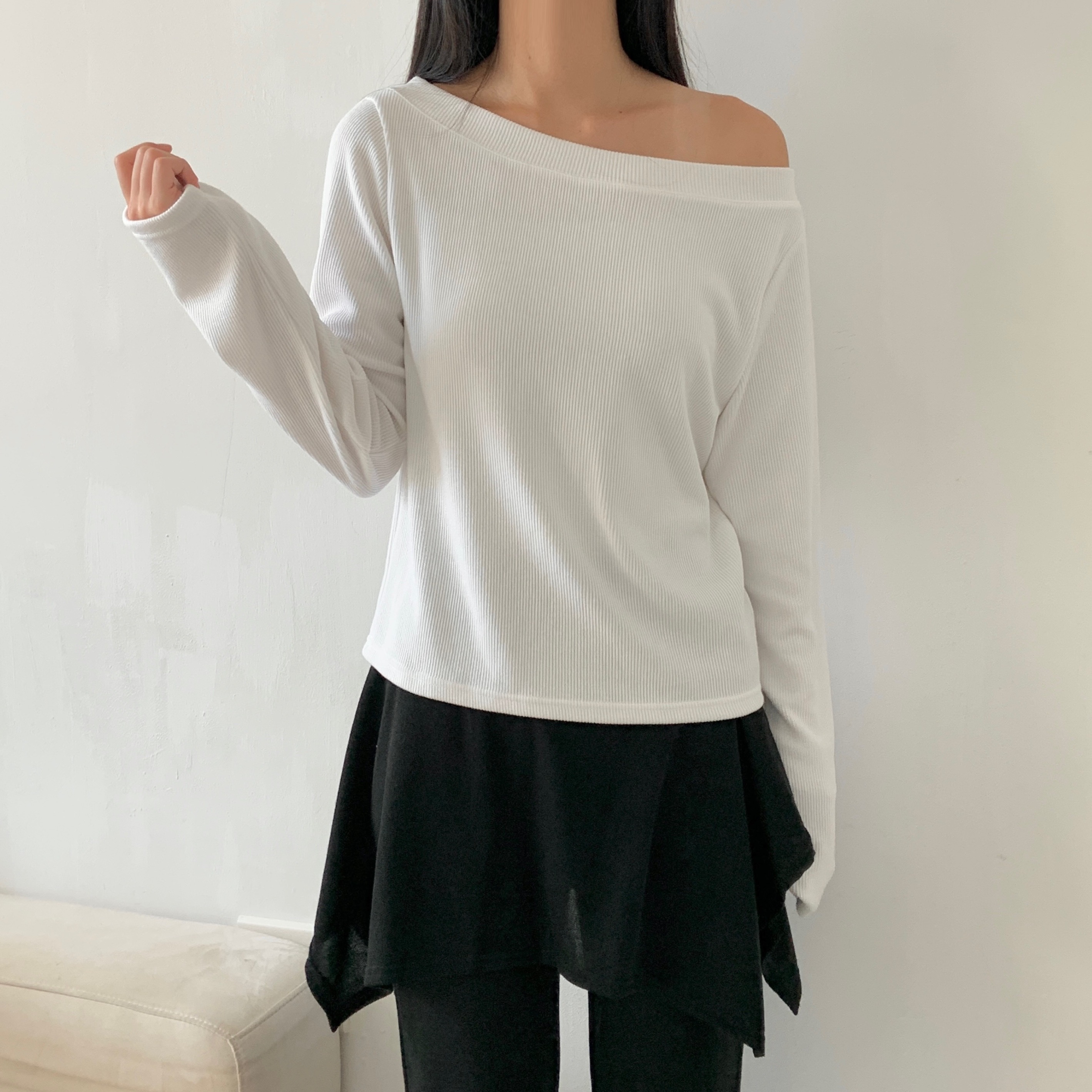 リブオフショルダーワンショルダー長袖Tシャツ | 詳細画像5