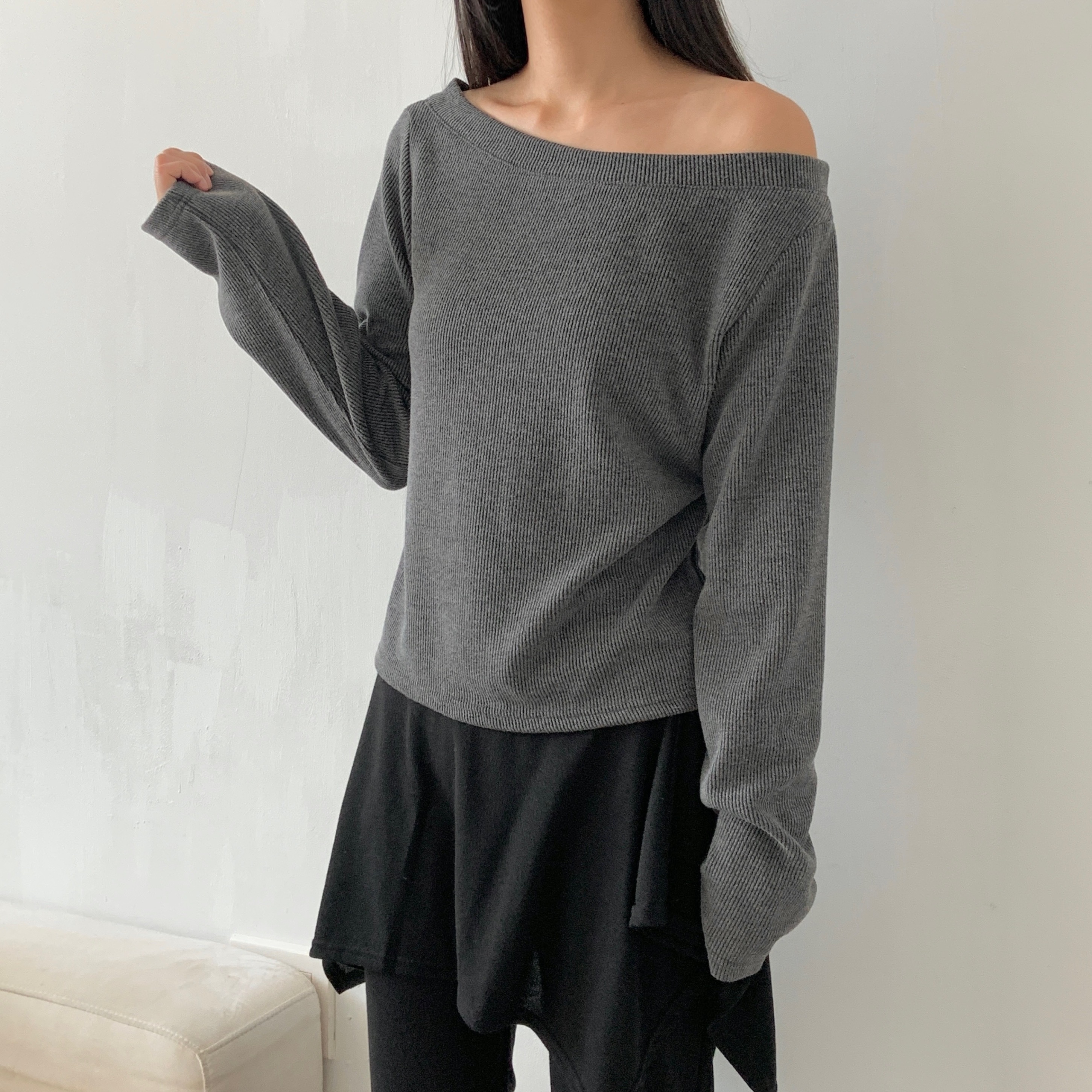 リブオフショルダーワンショルダー長袖Tシャツ | 詳細画像11