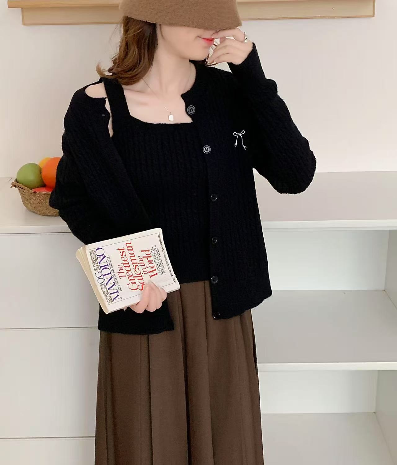 ボタンラウンドネックケーブル長袖刺繍アンサンブル | 詳細画像6