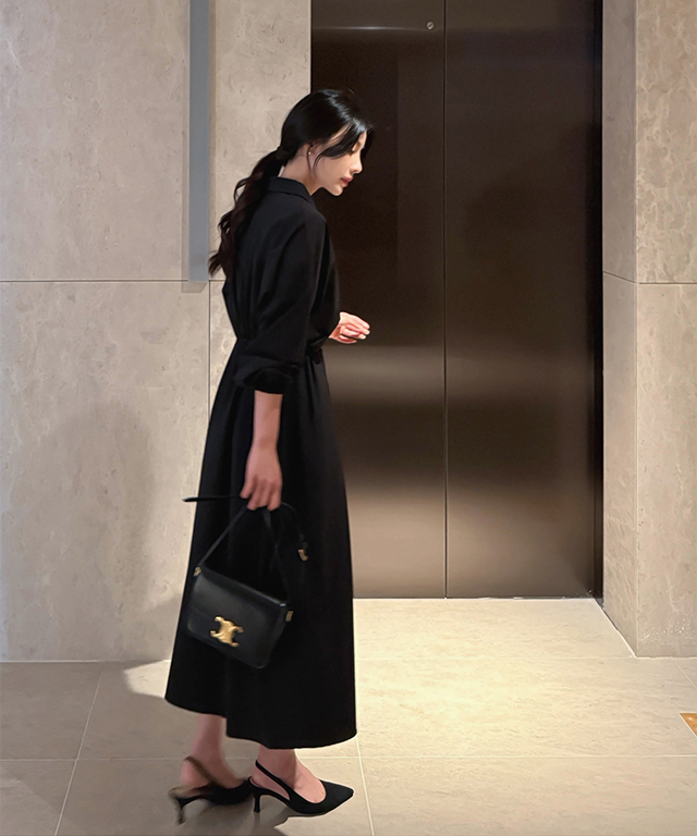 カラーハーフジップドローストリングロング長袖ワンピース