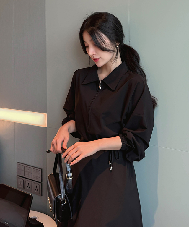 カラーハーフジップドローストリングロング長袖ワンピース