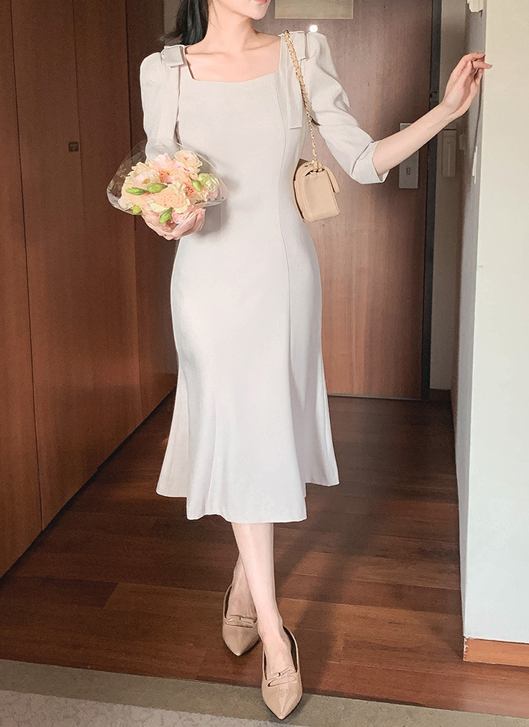 スクエア襟マーメイドワンピース ピンク ジップアップスクエアネックスリット7分袖マーメイドワンピース