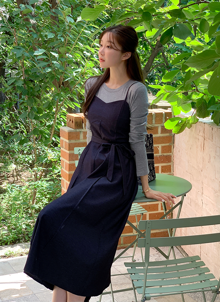 ストレッチデニムラウンドネックスリムロング長袖セットアップTシャツ