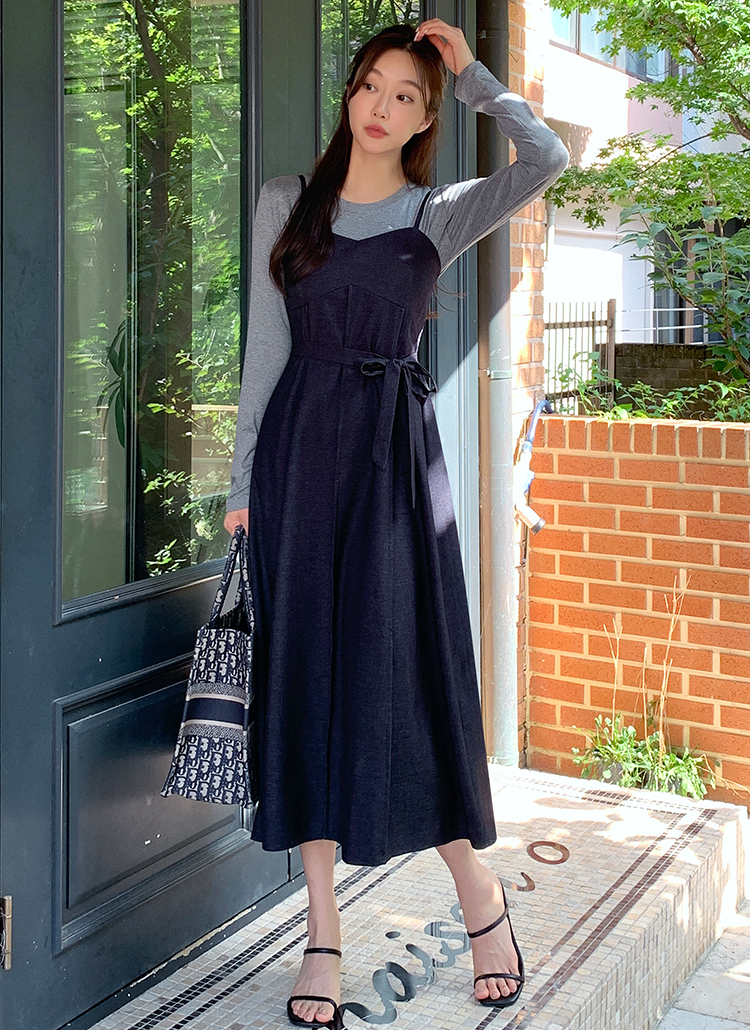 CINEMATIQ ストレッチツイードぺプラムワンピース ロング 七分袖 F