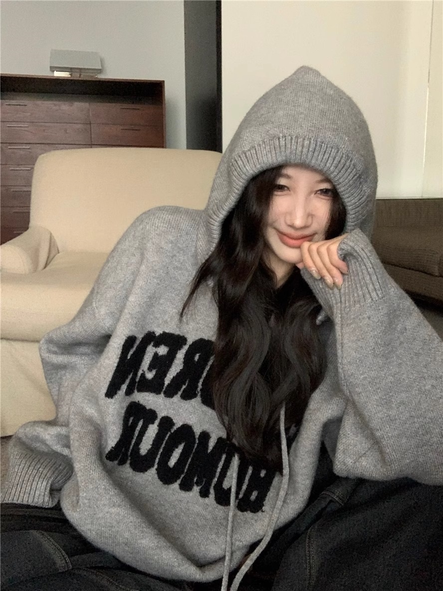 ニットフードボクシールーズ長袖ロゴジップパーカー | レディース