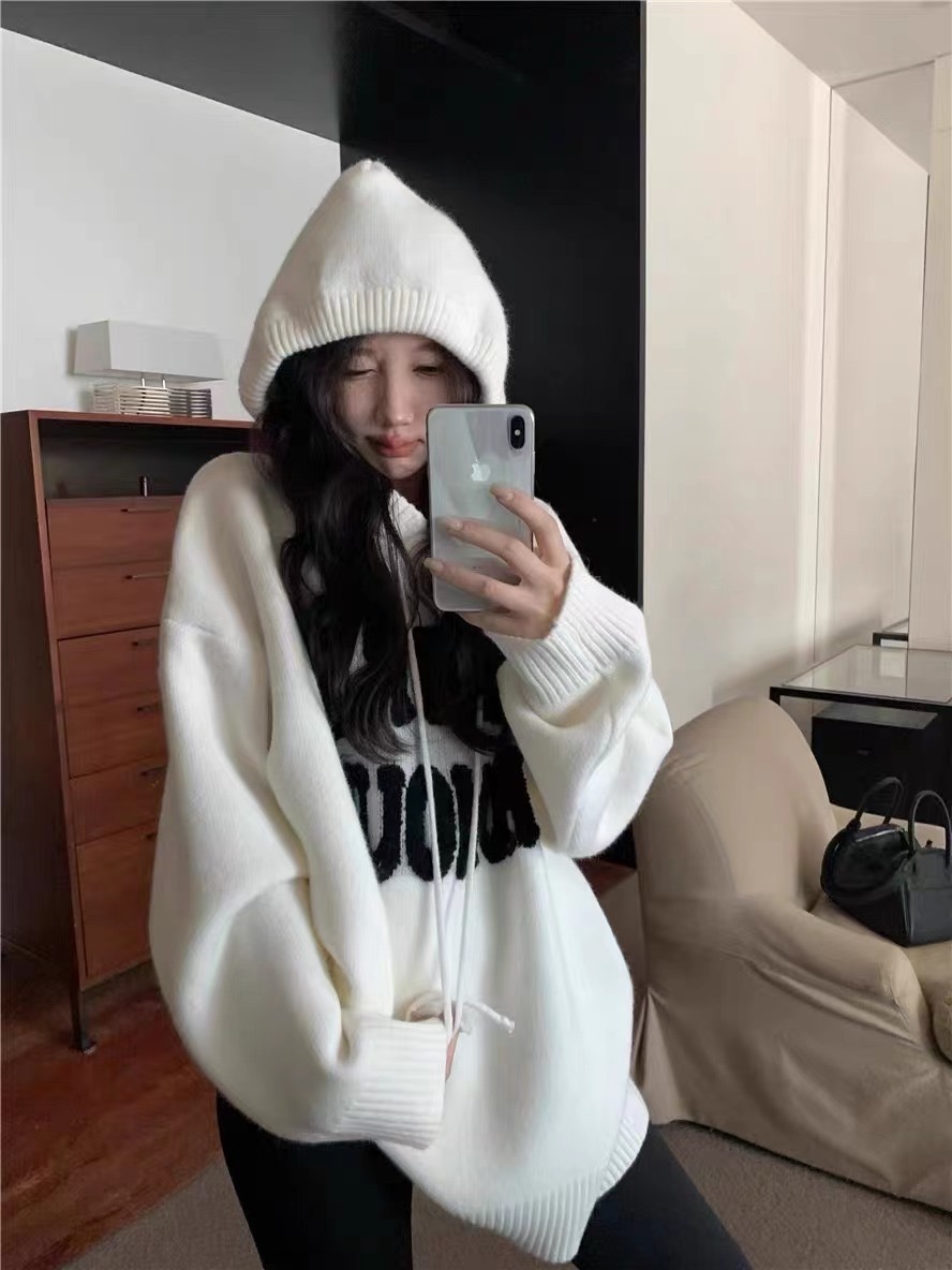 ニットフードボクシールーズ長袖ロゴジップパーカー | レディース