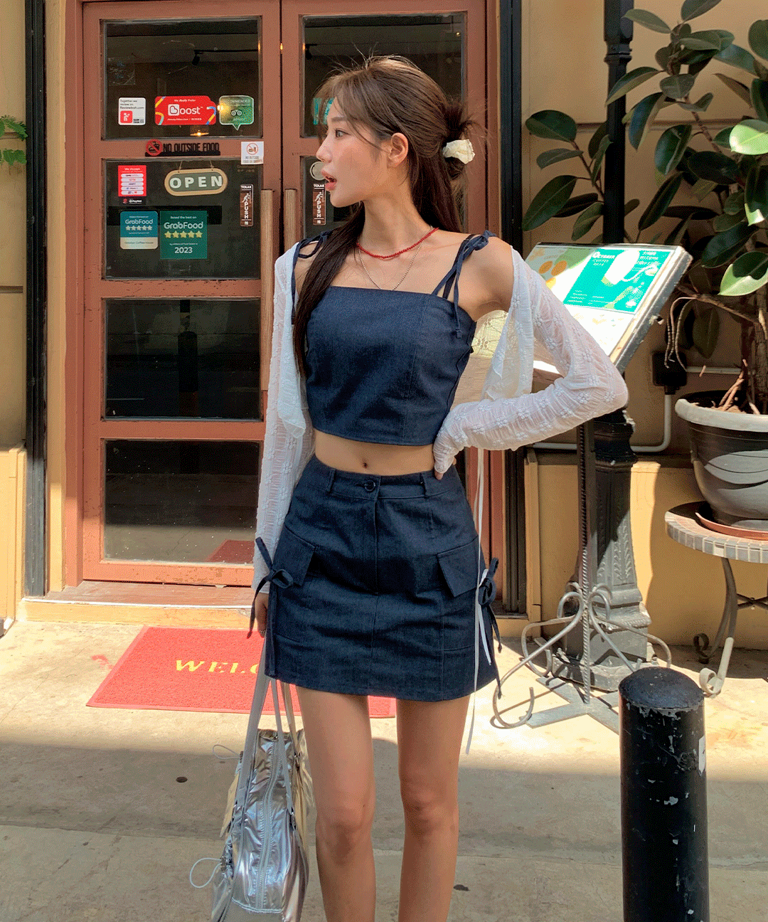 デニムリボンクロップドHラインフラップポケットゴム