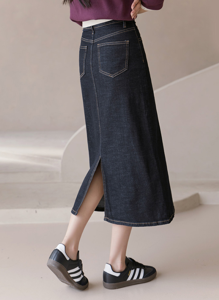 【SinceThen】Hライン デニムスカート ロング レディース 春服 ノンウォッシュスリットポケットHライン(ロング丈)ステッチ