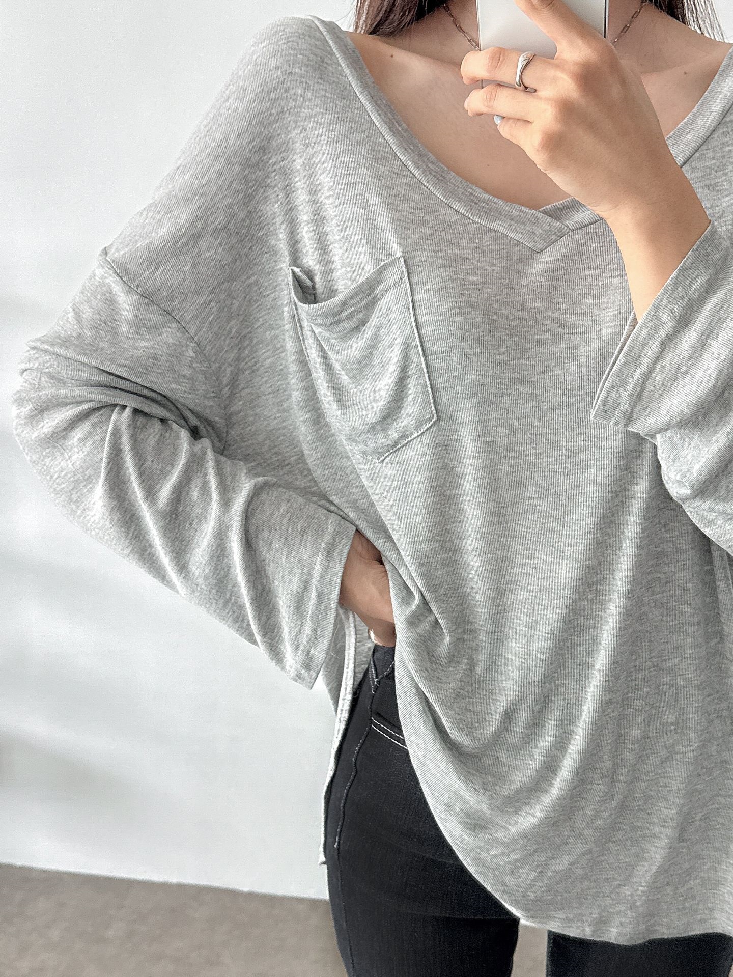 Vネックポケットボクシールーズ無地Tシャツ | 詳細画像7