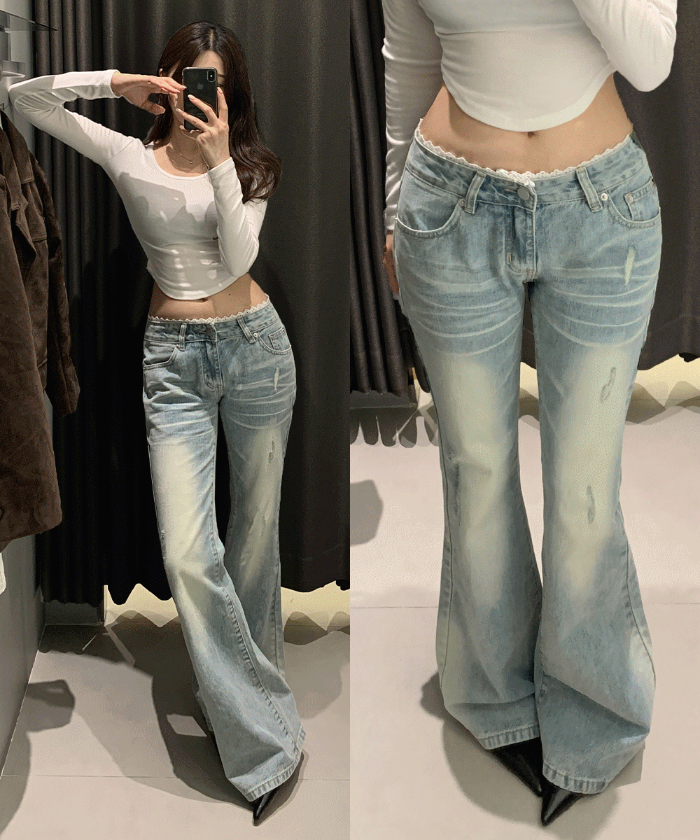 ブーツカットダメージレースデニムパンツ | レディースファッション 