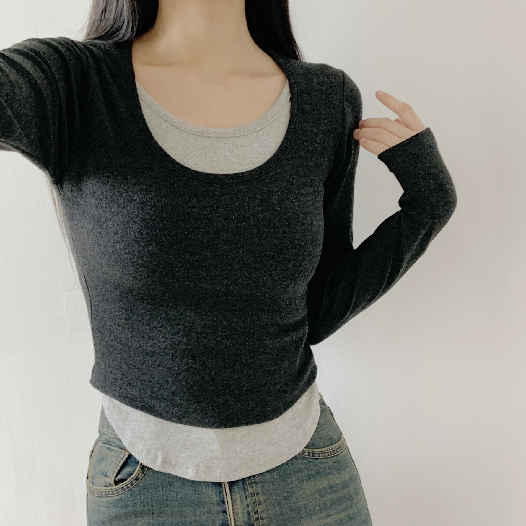 配色Uネッククロップドレイヤード風長袖Tシャツ | 詳細画像19