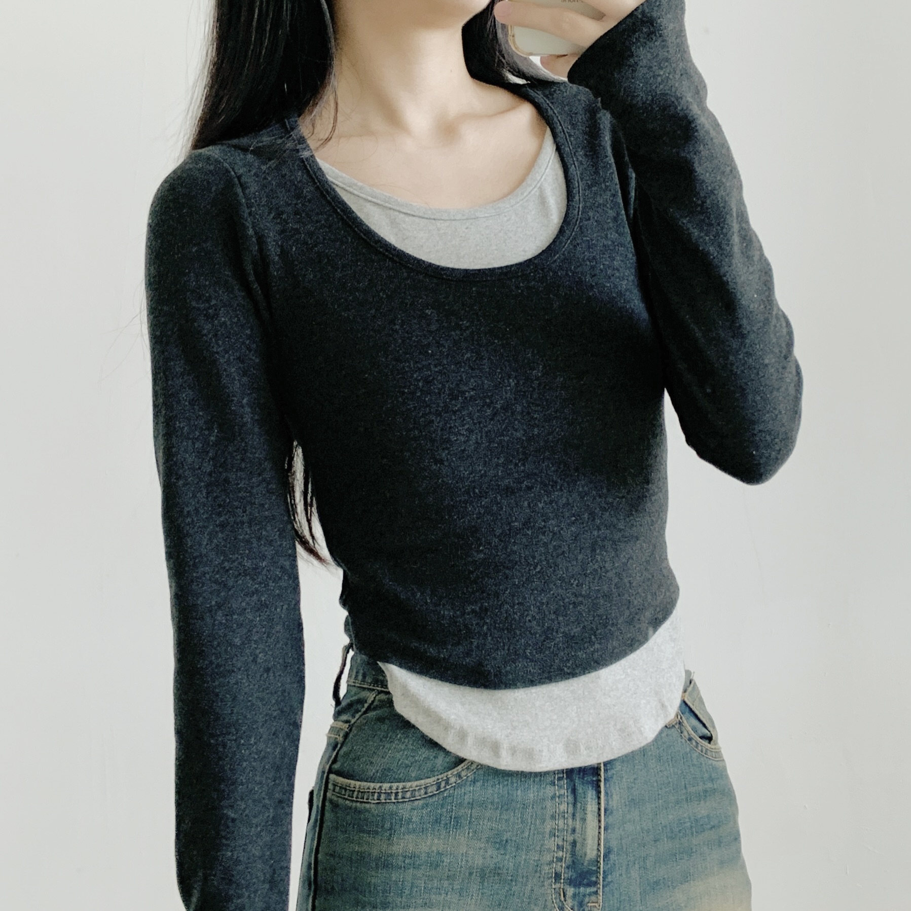 配色Uネッククロップドレイヤード風長袖Tシャツ | 詳細画像20