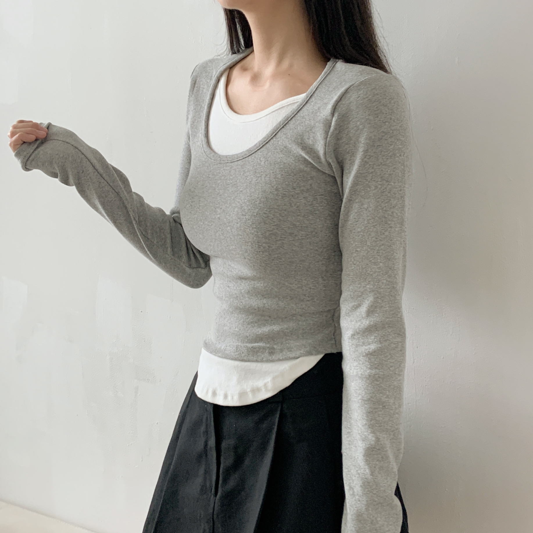 配色Uネッククロップドレイヤード風長袖Tシャツ | 詳細画像14