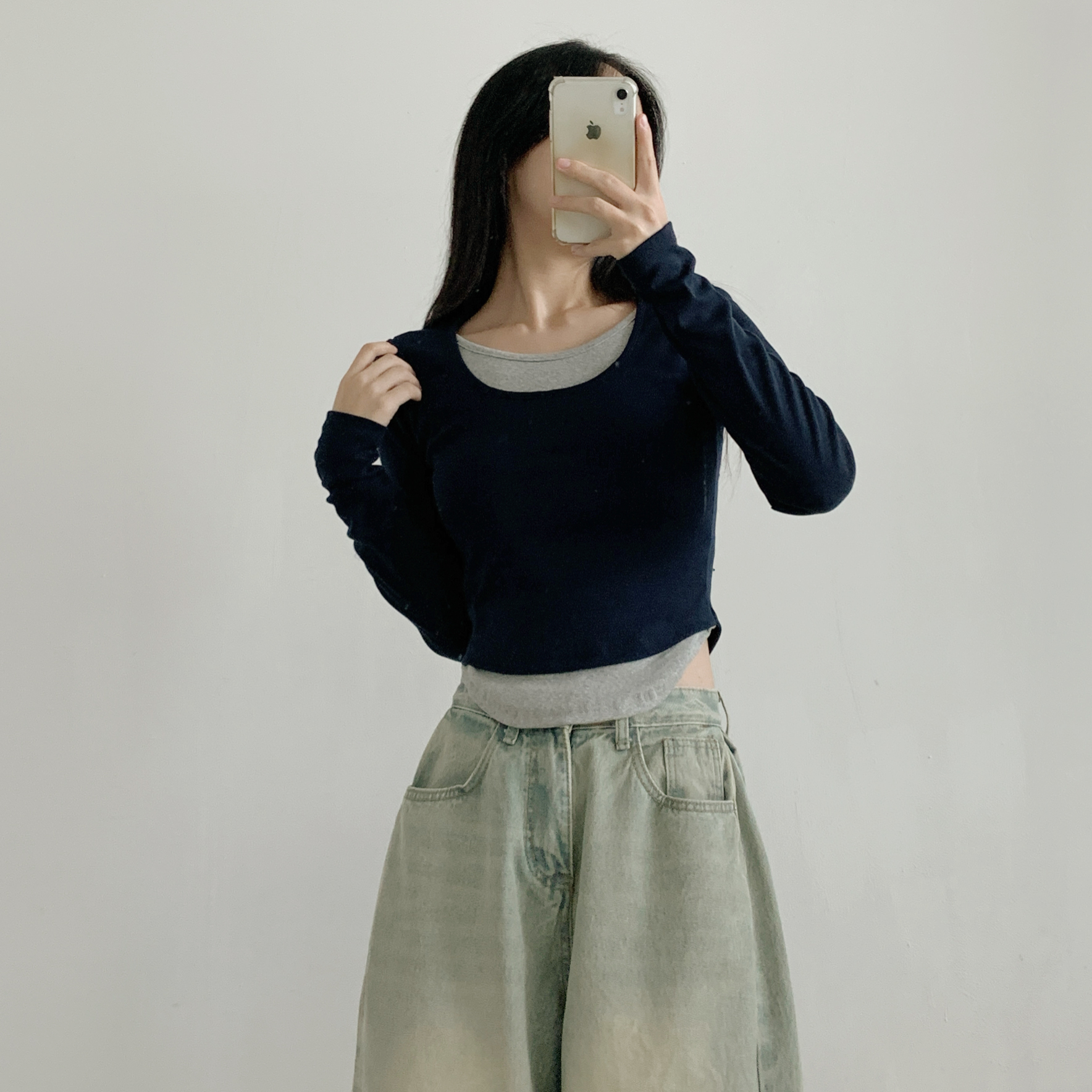 配色Uネッククロップドレイヤード風長袖Tシャツ | 詳細画像8