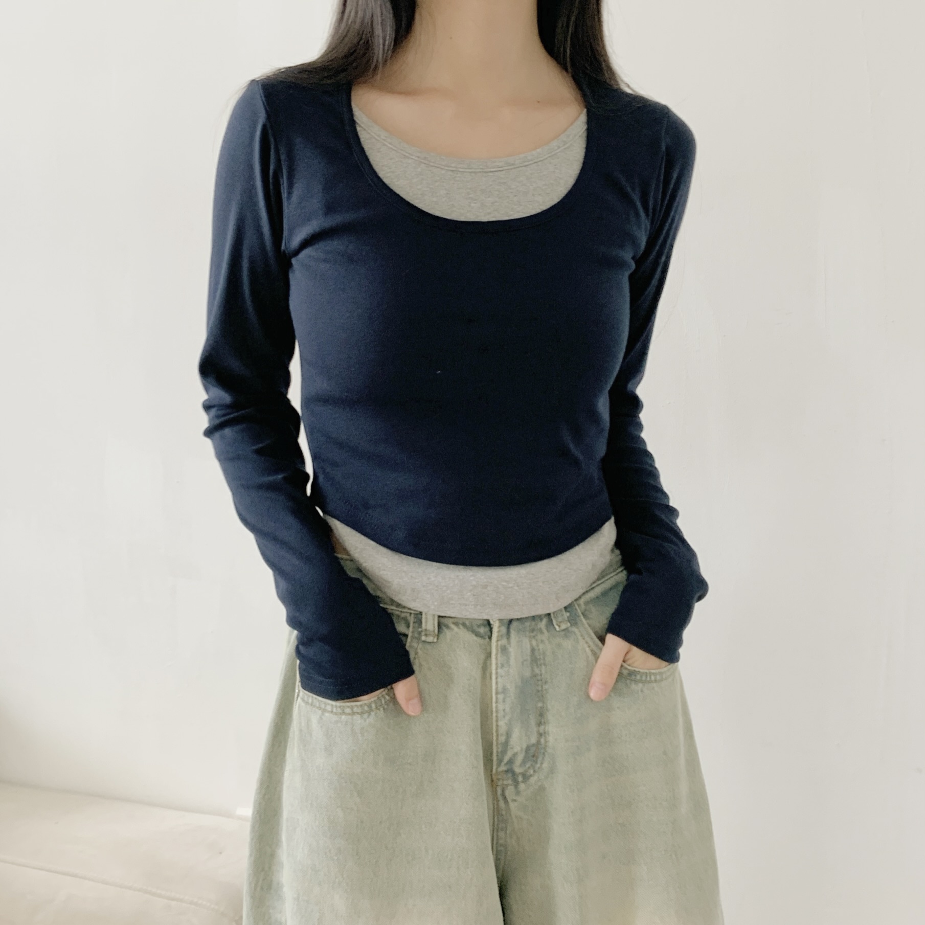 配色Uネッククロップドレイヤード風長袖Tシャツ | 詳細画像7