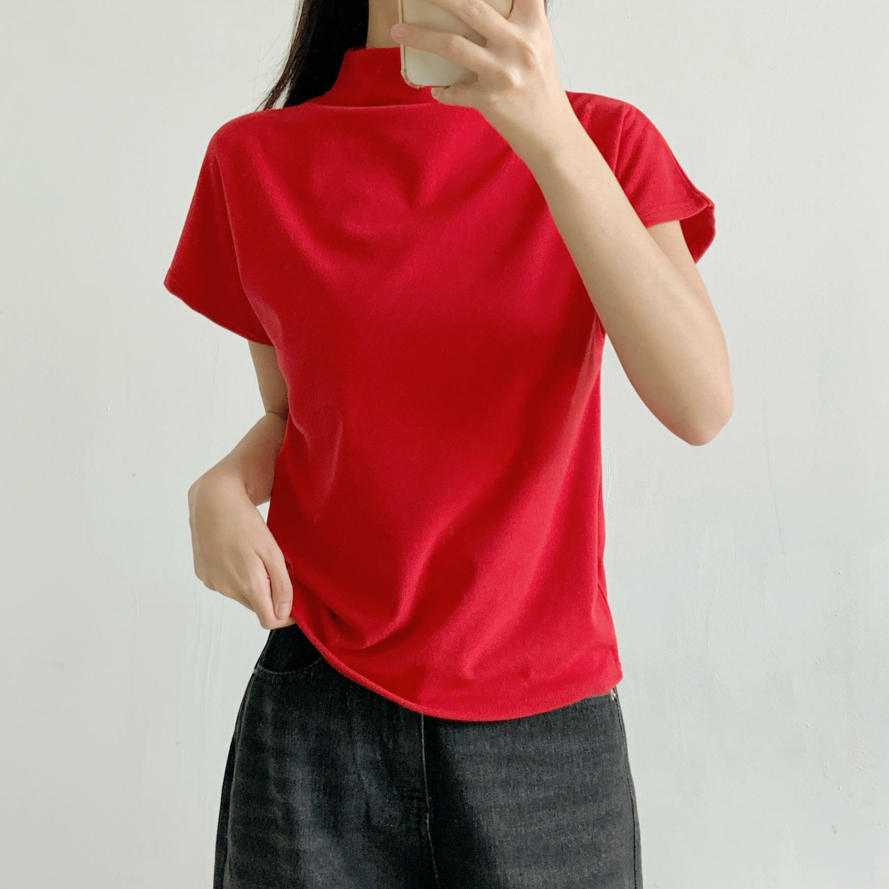 ドレープハーフネックシンプルベーシック半袖無地Tシャツ | 詳細画像9