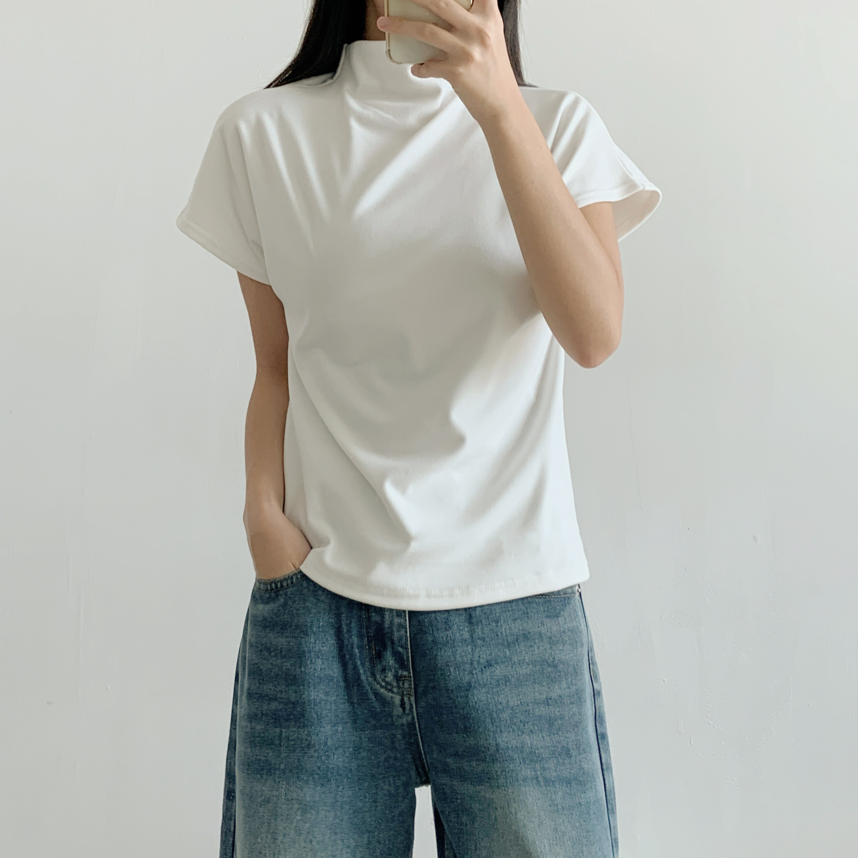 ドレープハーフネックシンプルベーシック半袖無地Tシャツ | 詳細画像14