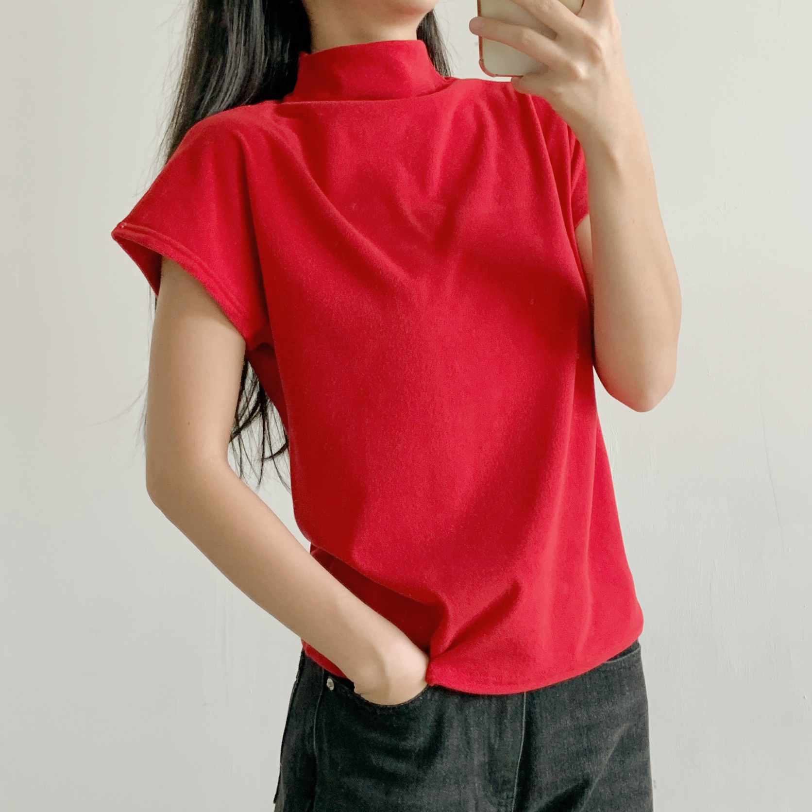 ドレープハーフネックシンプルベーシック半袖無地Tシャツ | 詳細画像8