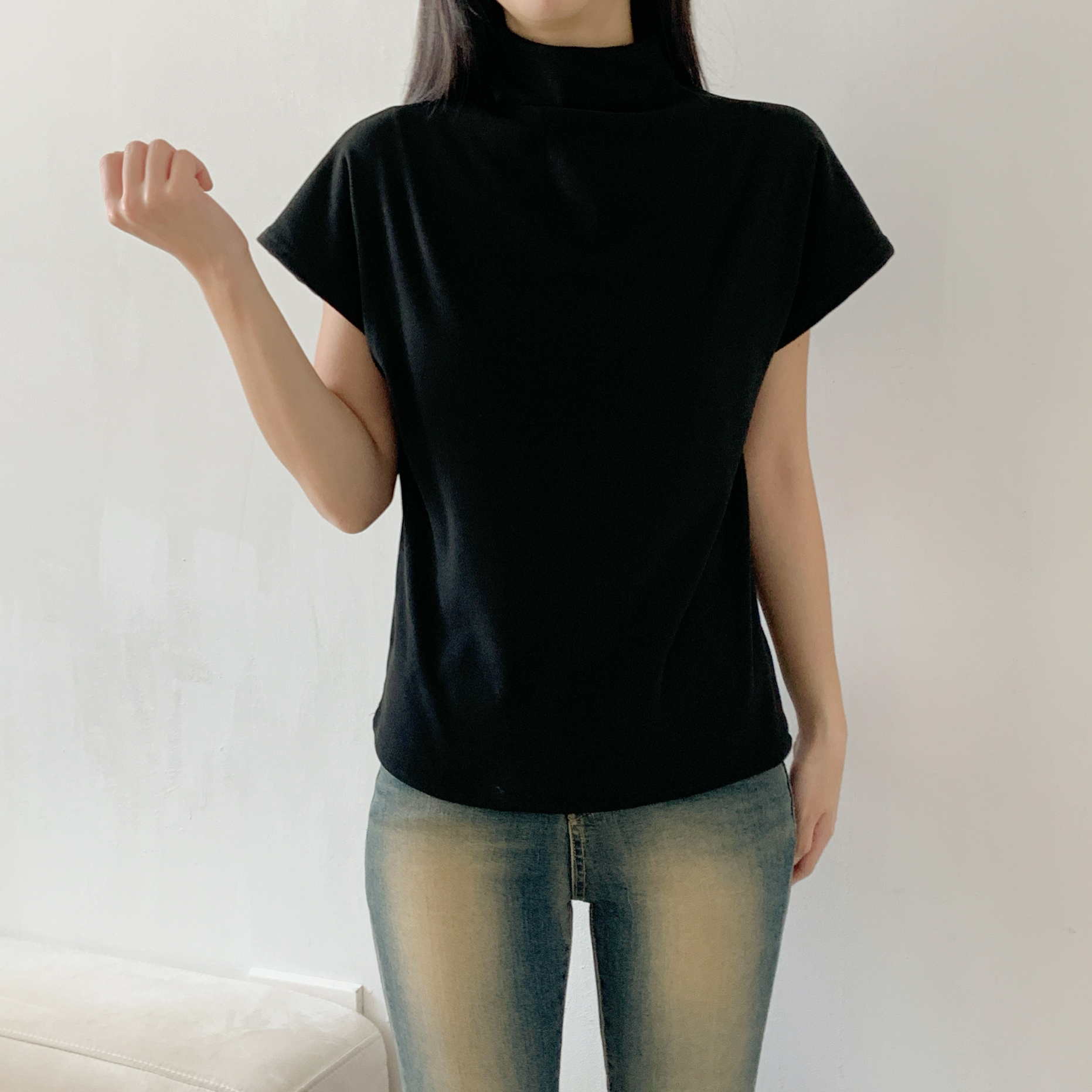 ドレープハーフネックシンプルベーシック半袖無地Tシャツ | 詳細画像19