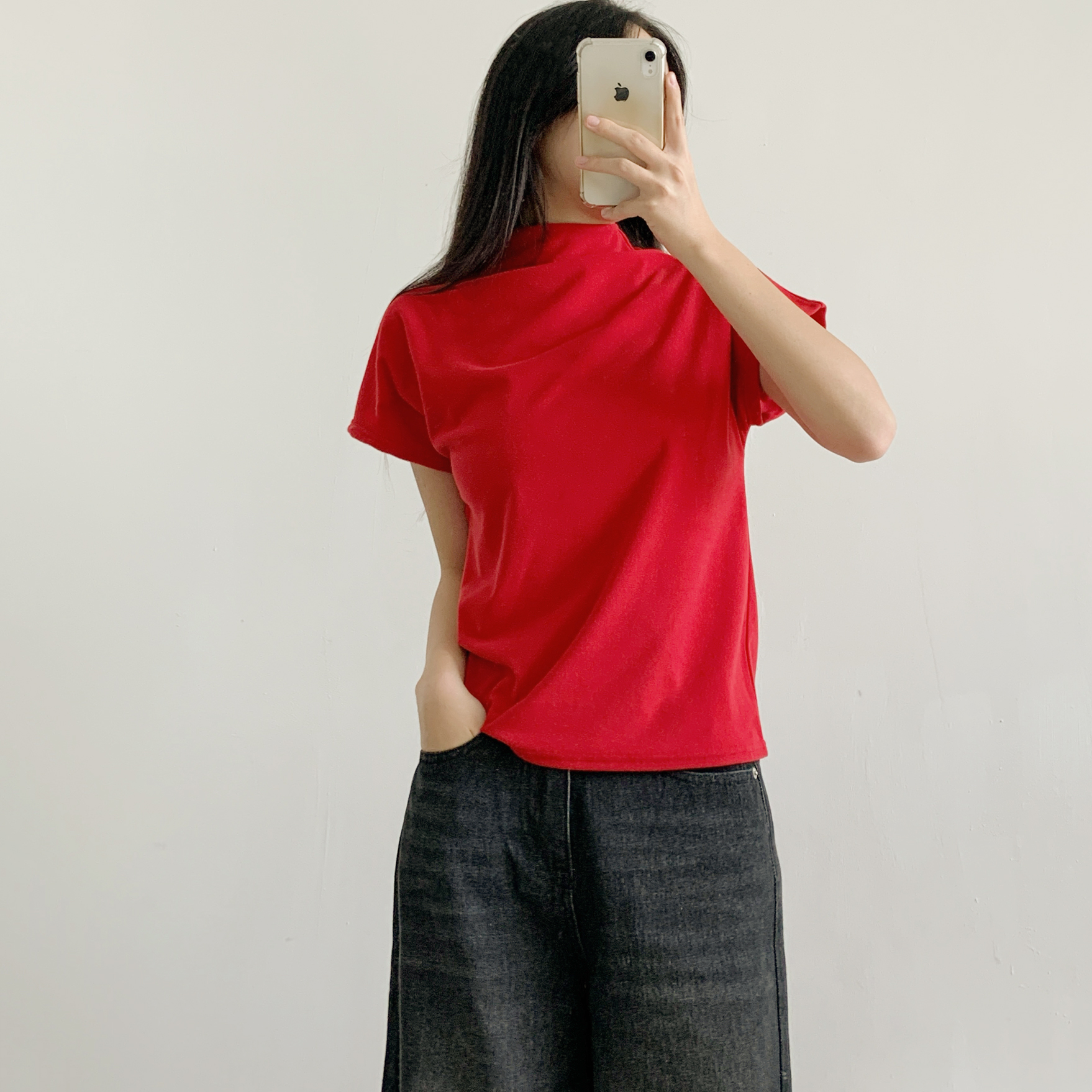 ドレープハーフネックシンプルベーシック半袖無地Tシャツ | 詳細画像2