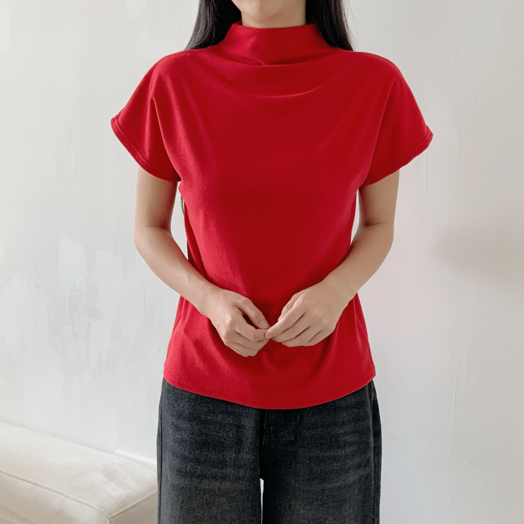 ドレープハーフネックシンプルベーシック半袖無地Tシャツ | 詳細画像6