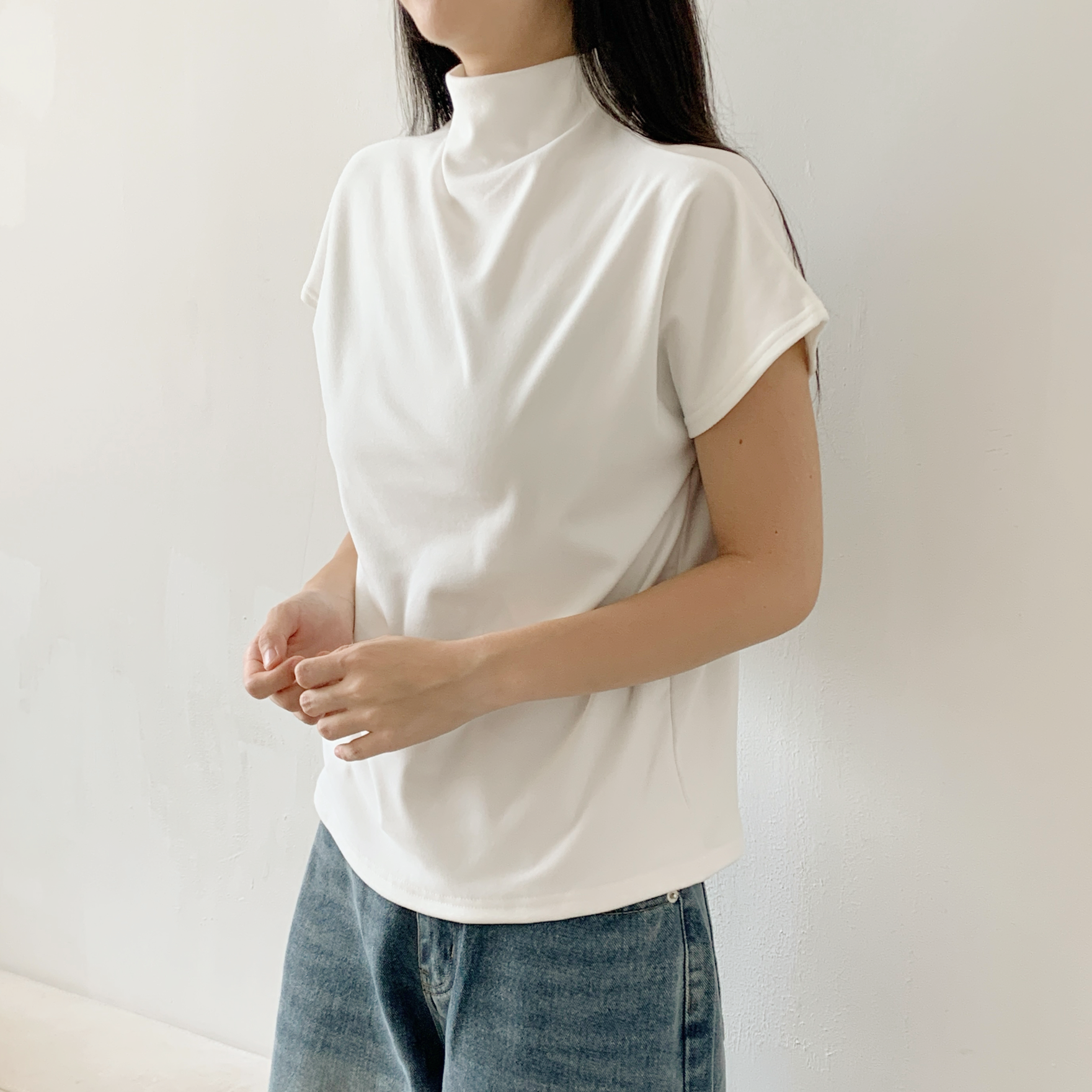 ドレープハーフネックシンプルベーシック半袖無地Tシャツ | 詳細画像11