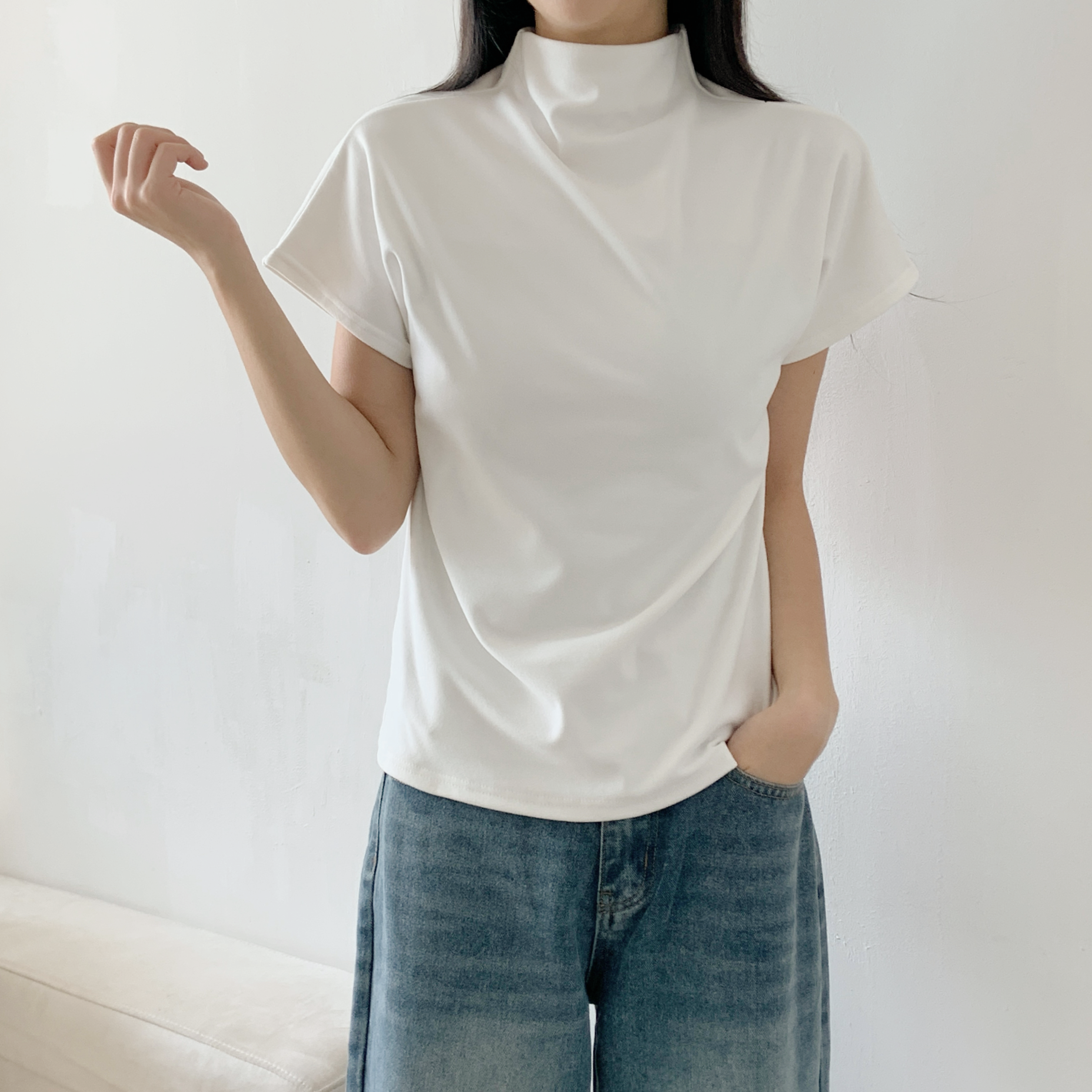 ドレープハーフネックシンプルベーシック半袖無地Tシャツ | 詳細画像12