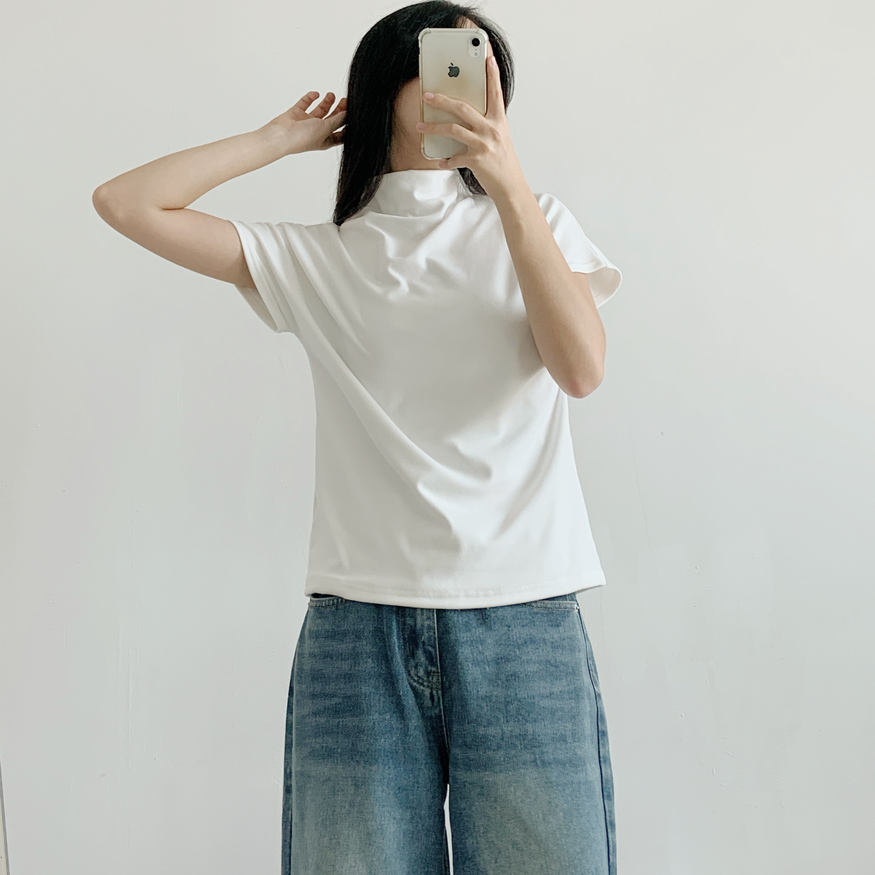 ドレープハーフネックシンプルベーシック半袖無地Tシャツ | 詳細画像15