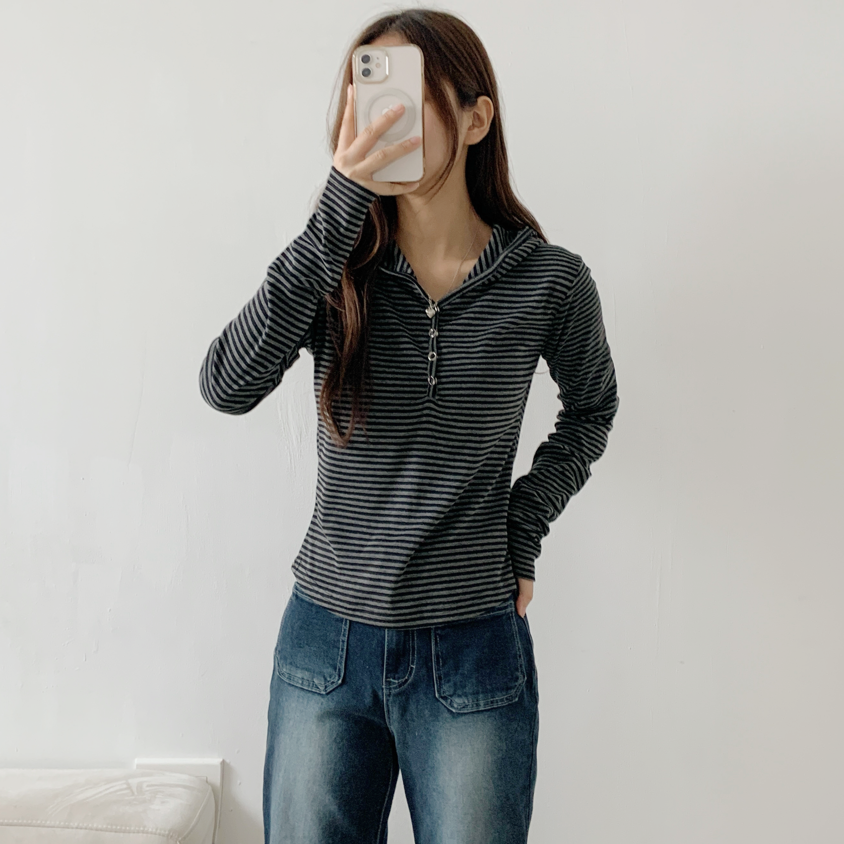 フードベーシック長袖スナップボタンボーダーTシャツ | 詳細画像8