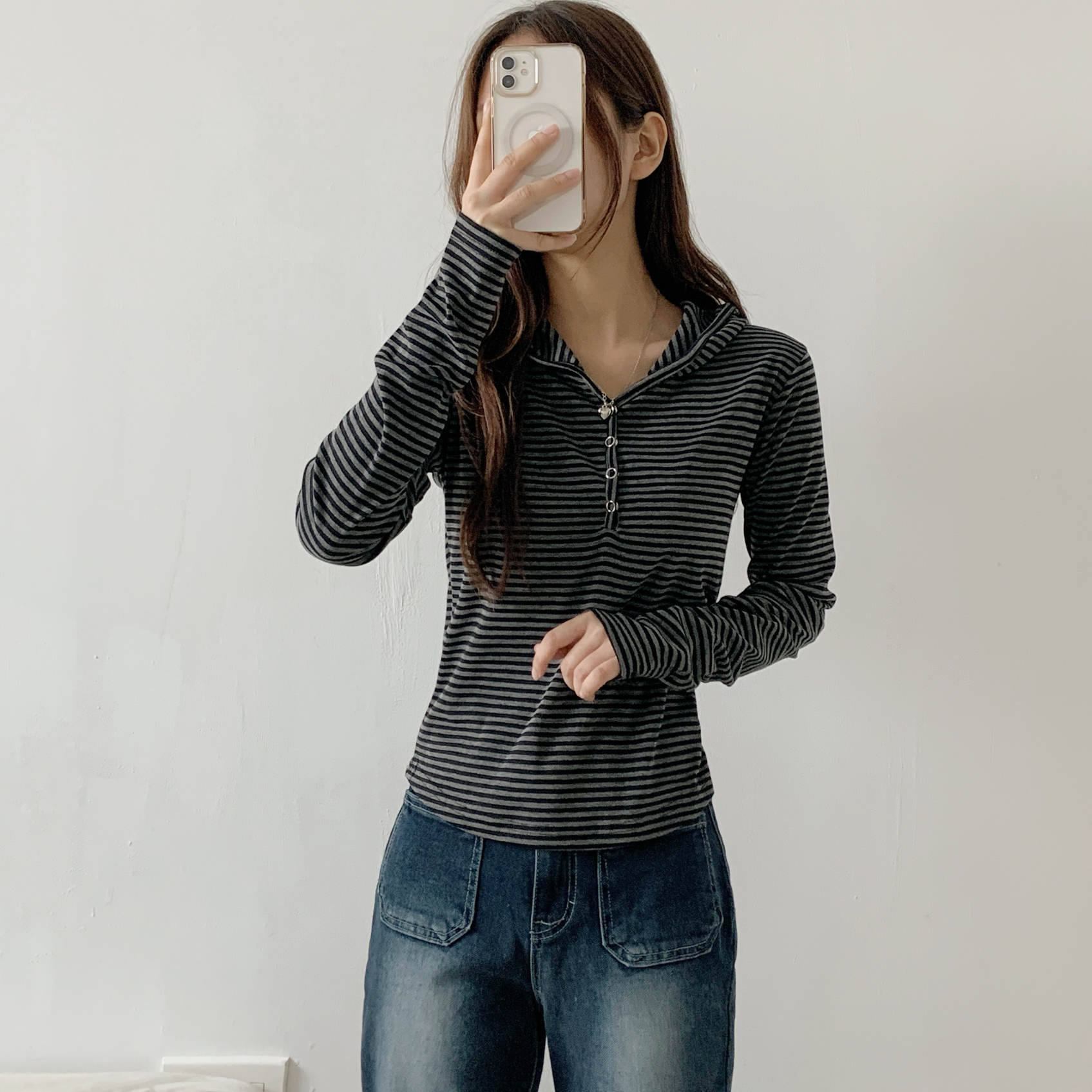 フードベーシック長袖スナップボタンボーダーTシャツ | 詳細画像6