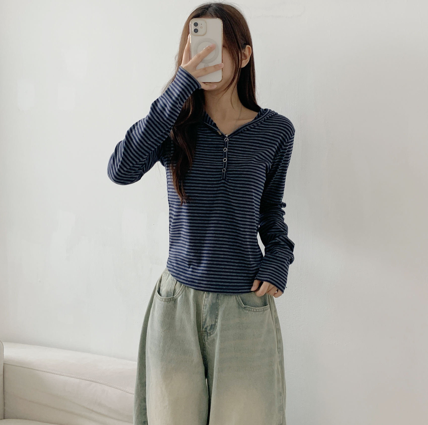 フードベーシック長袖スナップボタンボーダーTシャツ | 詳細画像17